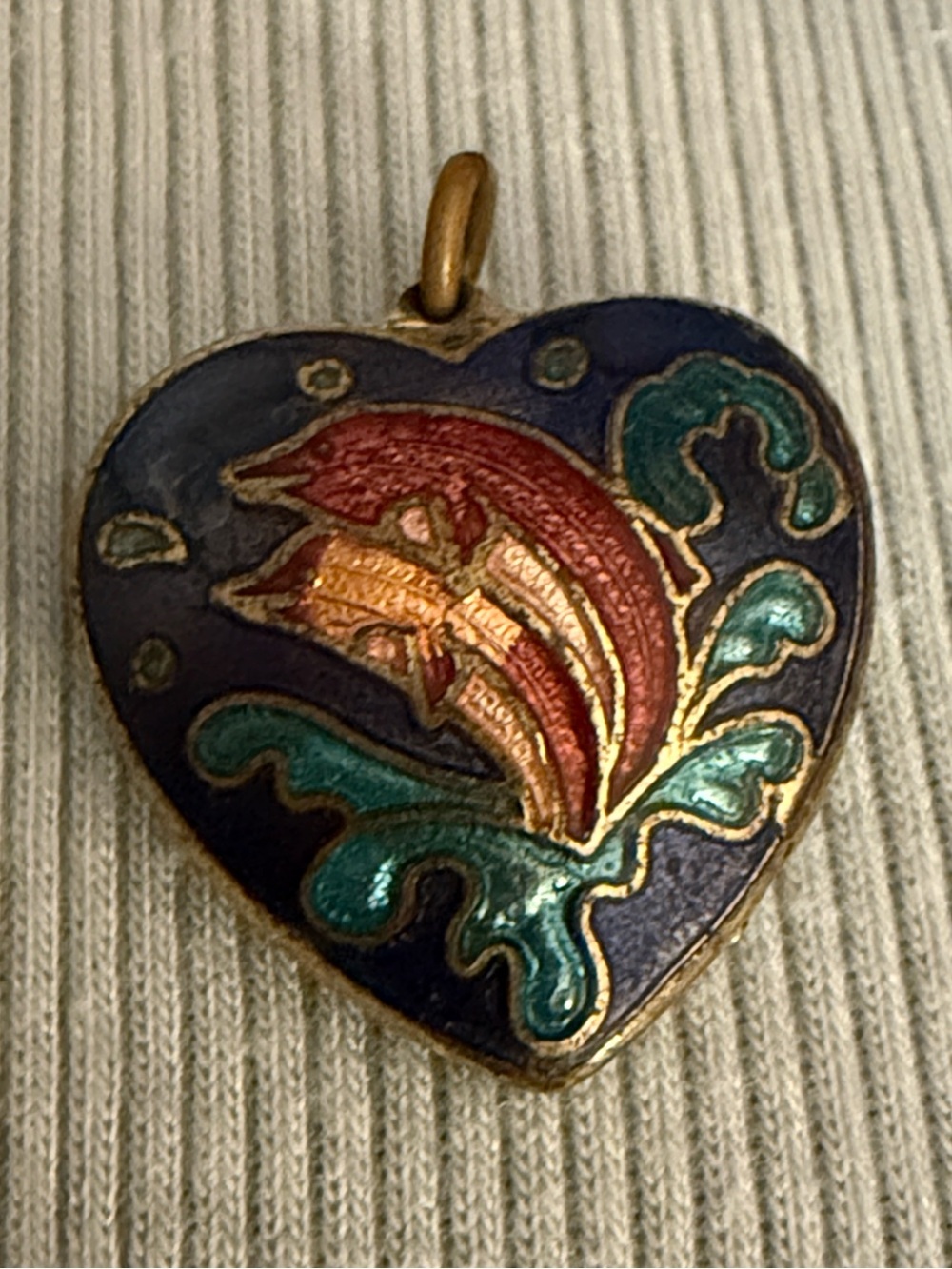 Vintage Dolphin Cloisonne Heart Shaped Pendant Charm